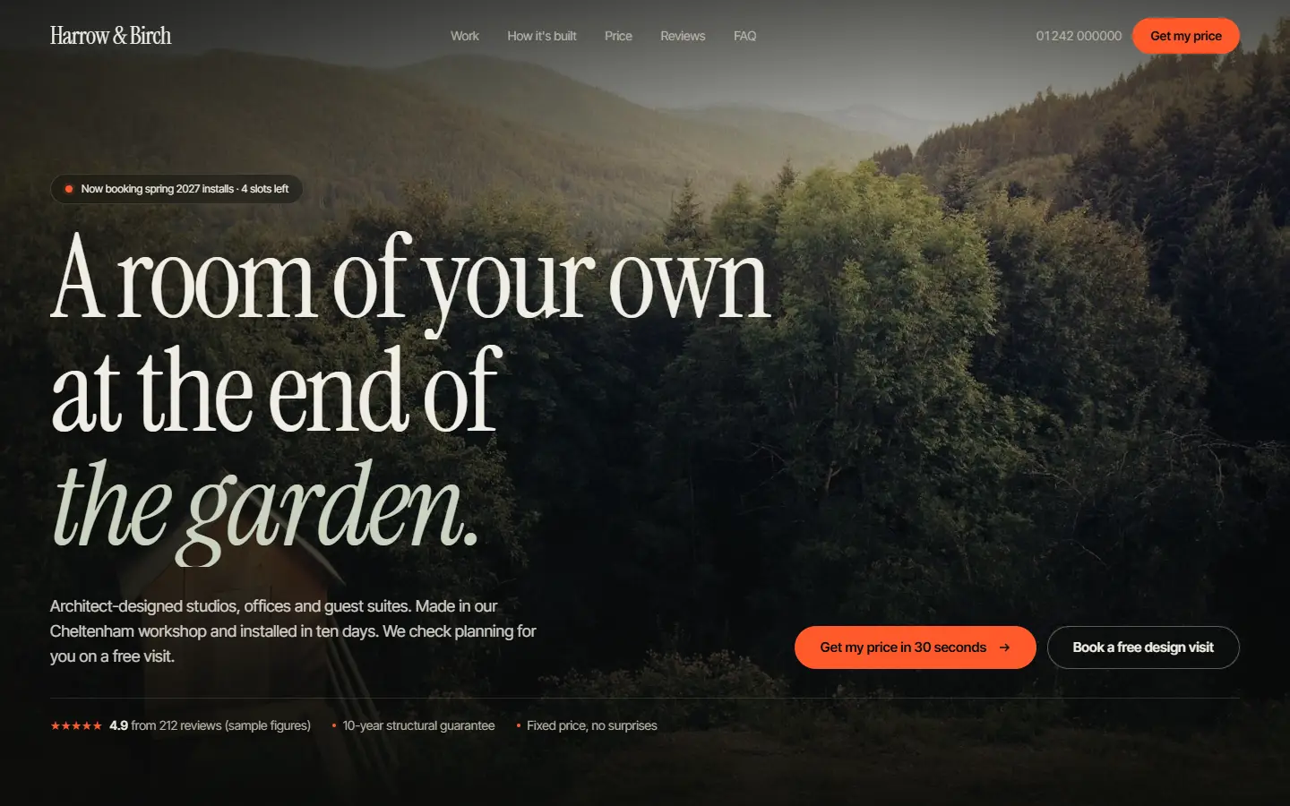 The Flagship tier on a laptop: Harrow & Birch garden studios (sample business)